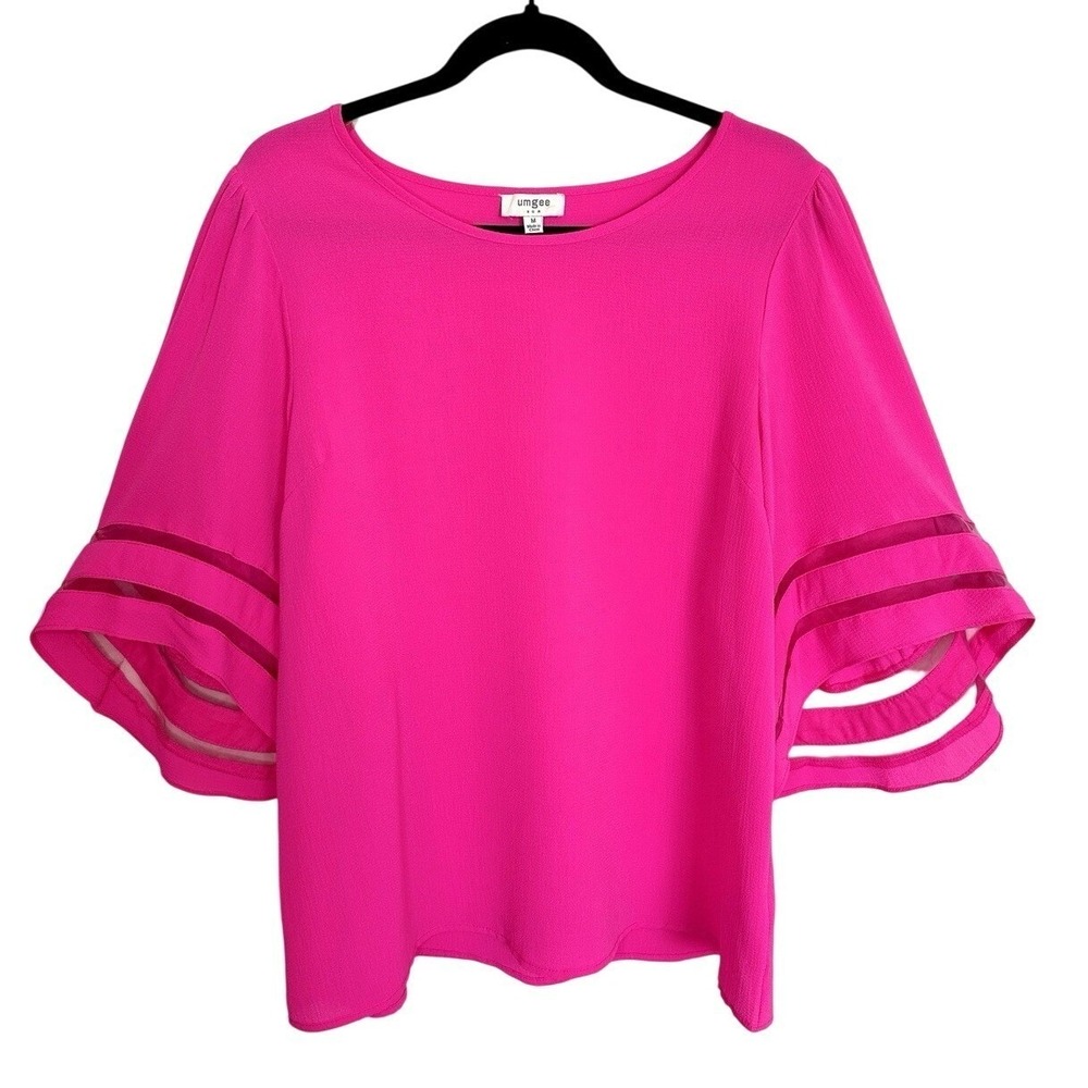 Umgee Hot Pink Bell Sleeve Top M Mesh Tiered Boho Blouse Chiffon Dramatic Whimsy